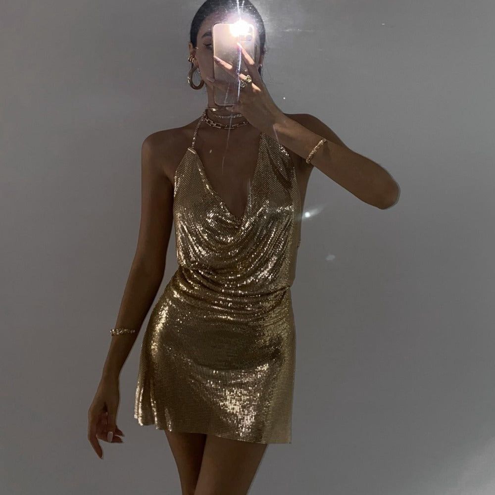 Gold Halter Cowl Neck Metallic Chainmail Backless Bodycon Mini Dress