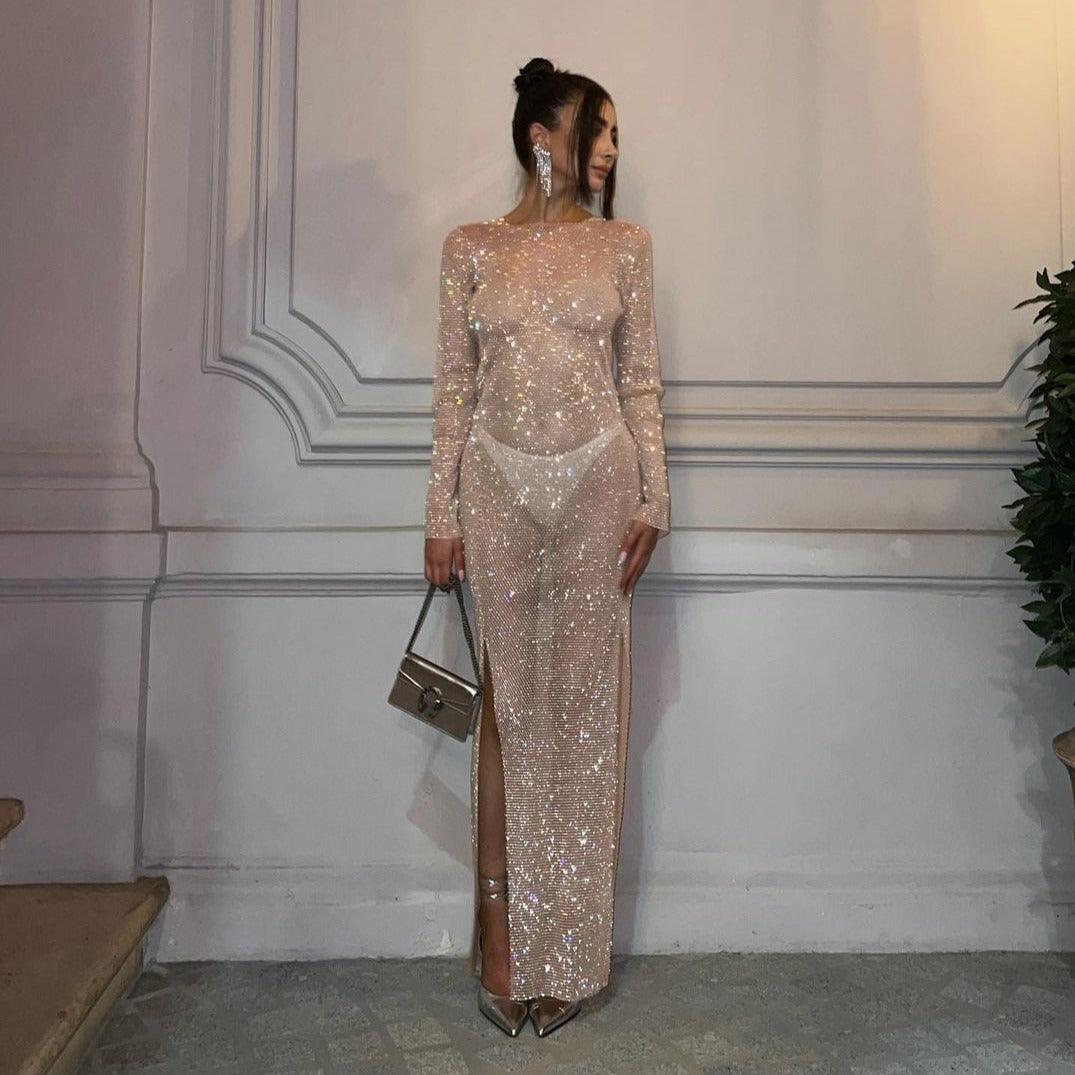 Round Neck Rhinestone Sheer Long Sleeve High Slit Bodycon Maxi Dress