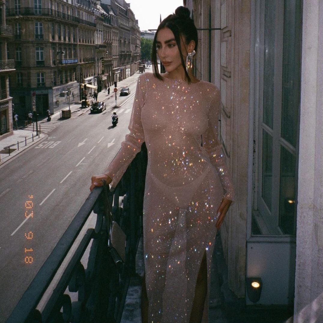 Round Neck Rhinestone Sheer Long Sleeve High Slit Bodycon Maxi Dress
