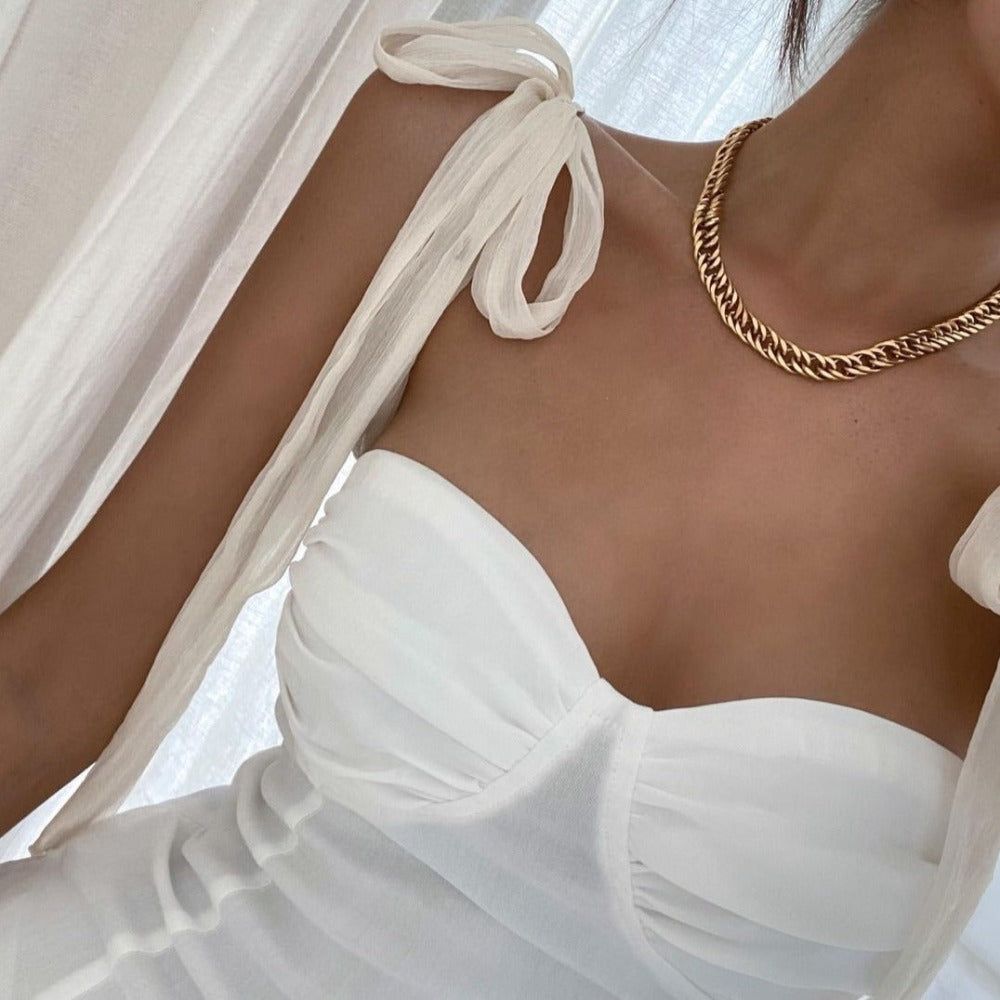 White Sweetheart Neck Tie Strap Ruched Bustier Chiffon Maxi Dress