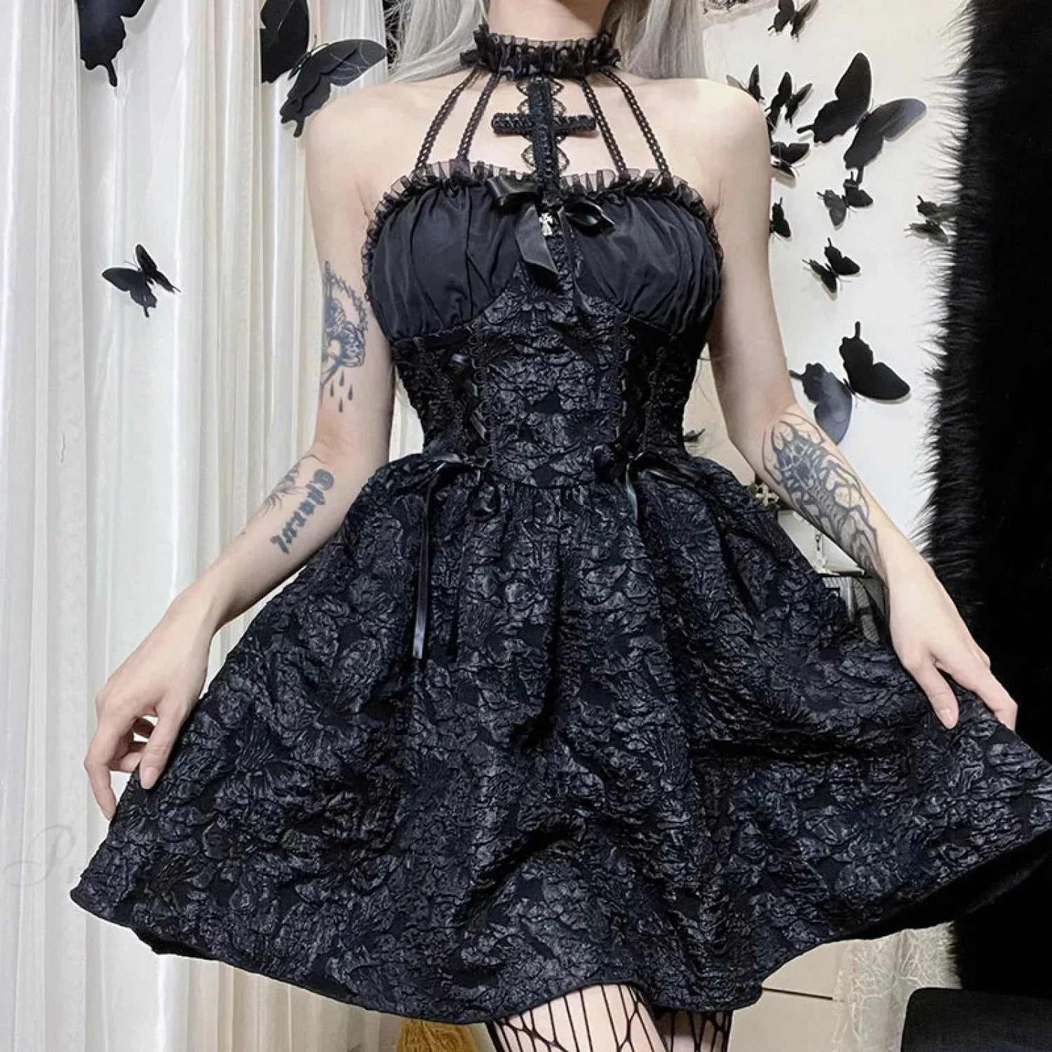 Jacquard Gathered Small Dress Black / S