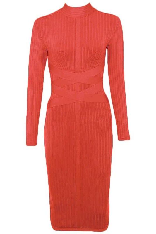 Jane Long Sleeve Bodycon Midi Dress - Lipstick Red (Sale)