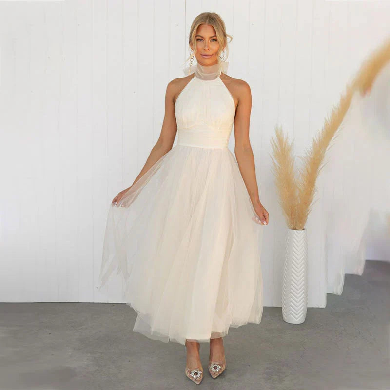 Halter Neck Sleeveless Tulle Fit-and-Flare Maxi Dress