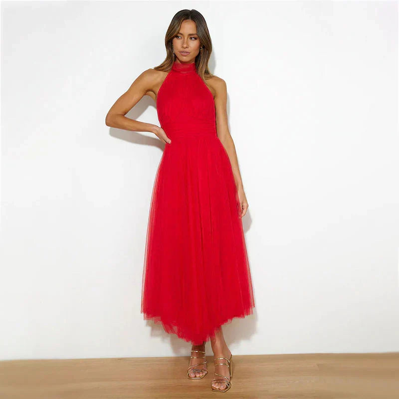Halter Neck Sleeveless Tulle Fit-and-Flare Maxi Dress