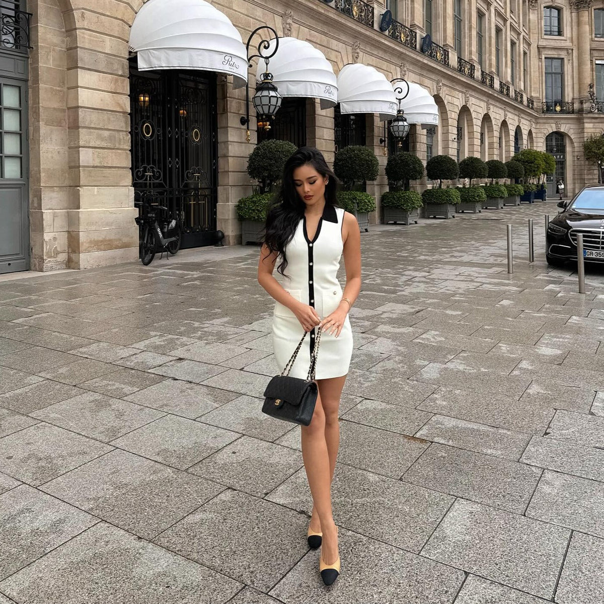 White Collared Contrast Trim Pearl Button Sleeveless Knit Mini Dress