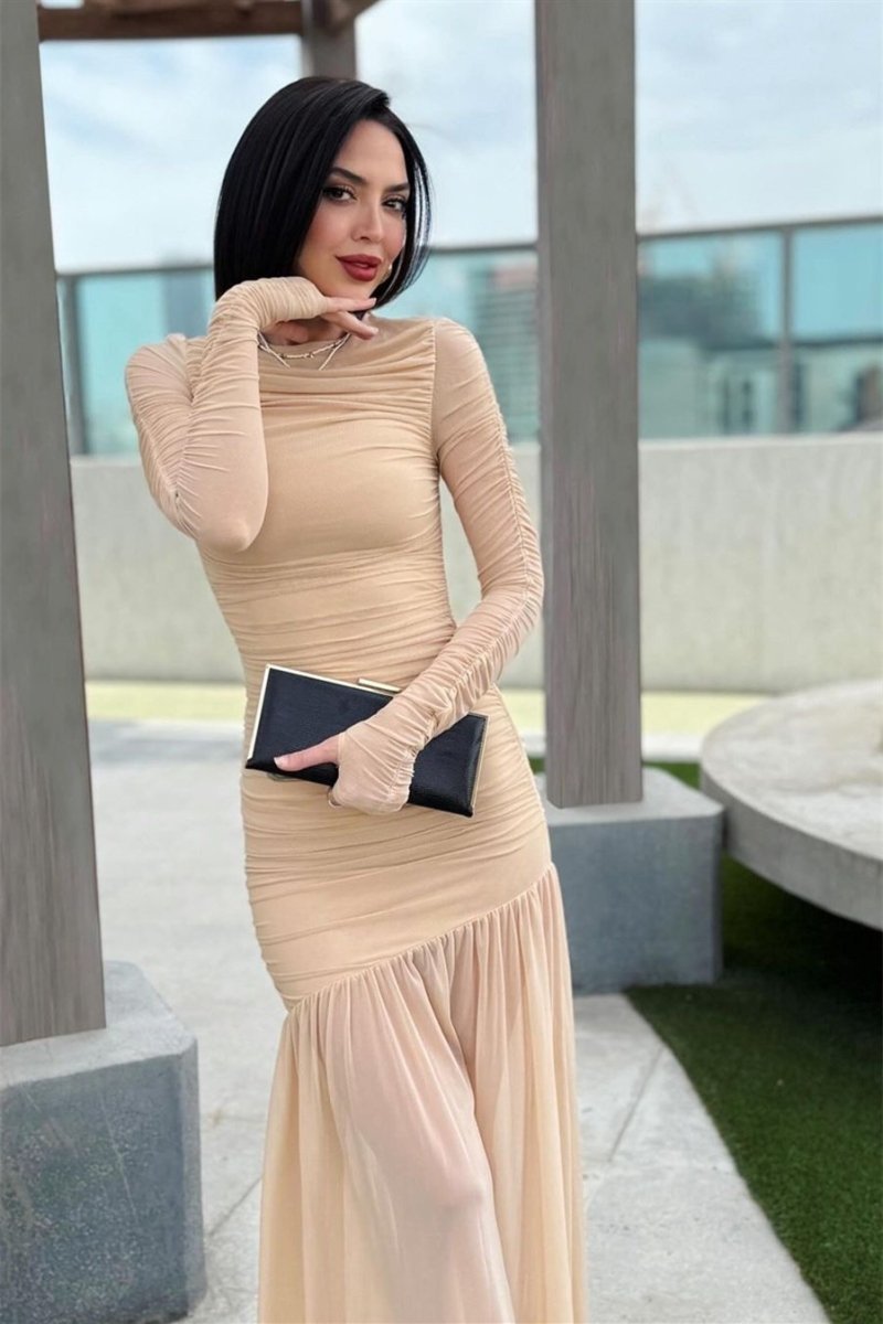 Irene Aesthetic Long Sleeved Pleated Mesh Maxi Dress Evening Wear Edit