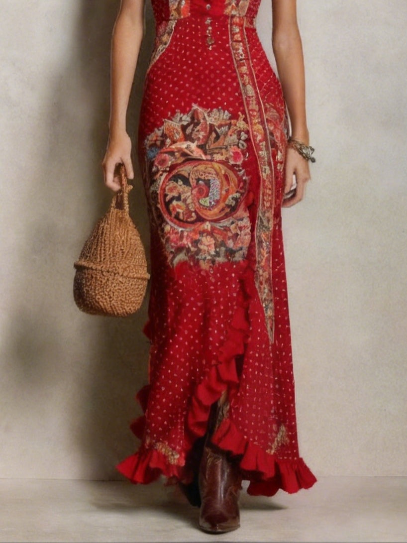 Red Bohemian Printed Dress with Deep V-Neck and High Slit