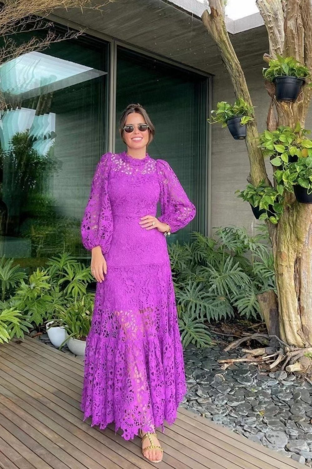 Florencia Premium Flared Maxi Dress with Embroidered Lace Evening Wear Edit