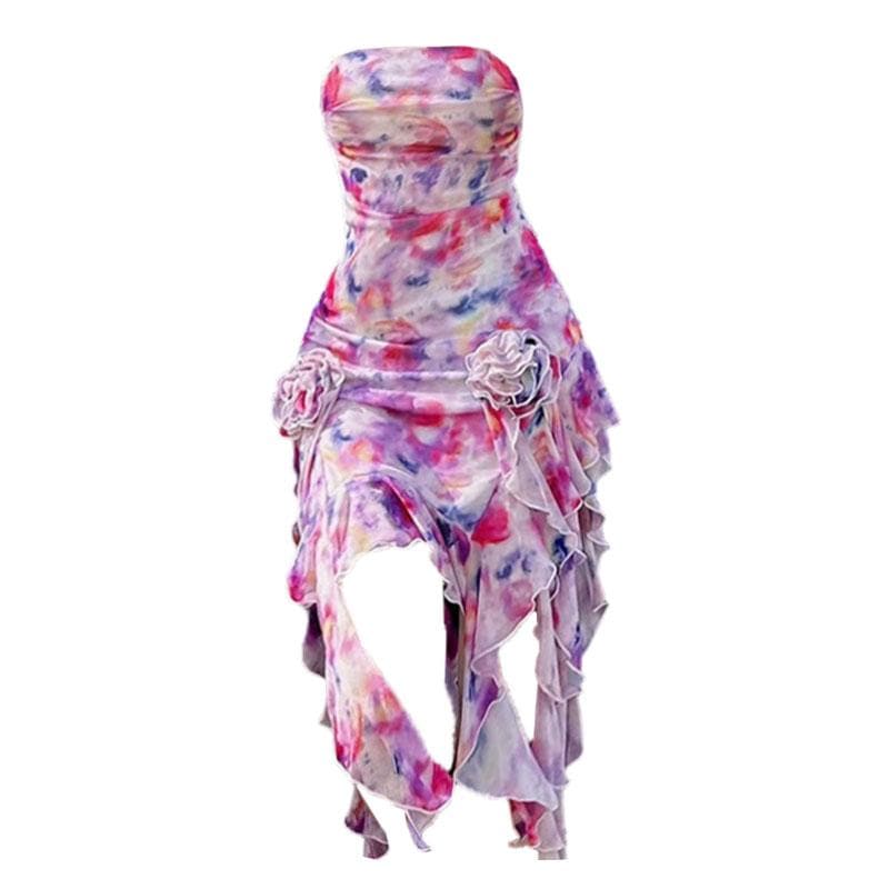 Contrast print flower applique ruched tube midi dress