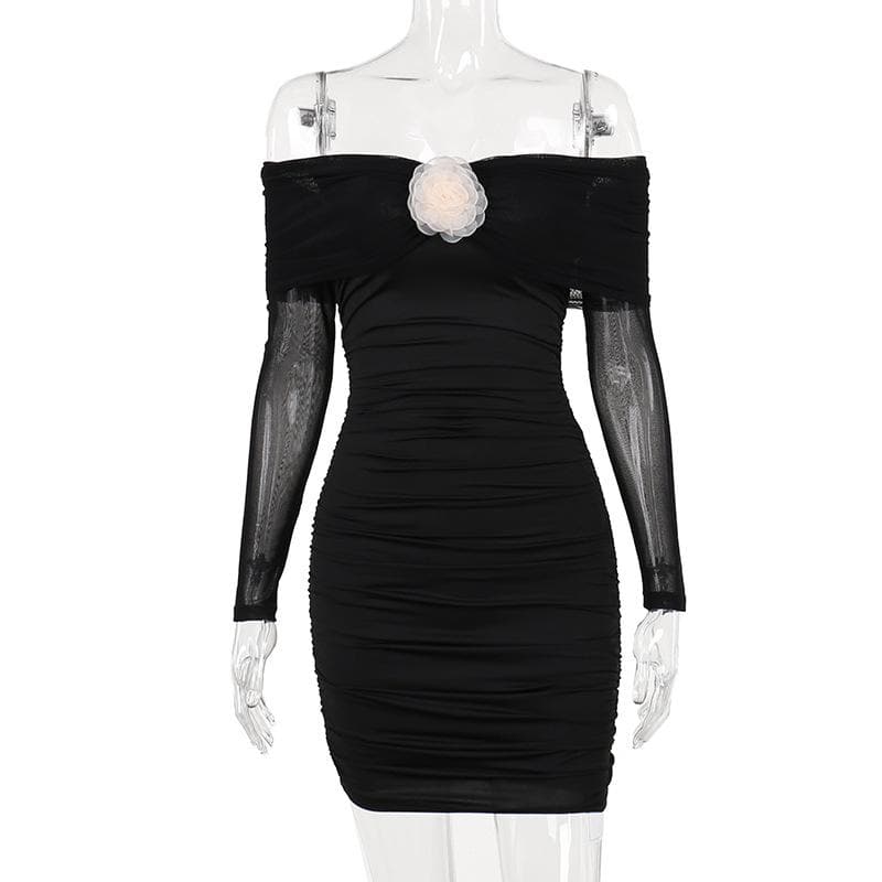 Flower applique mesh ruched off shoulder long sleeve mini dress