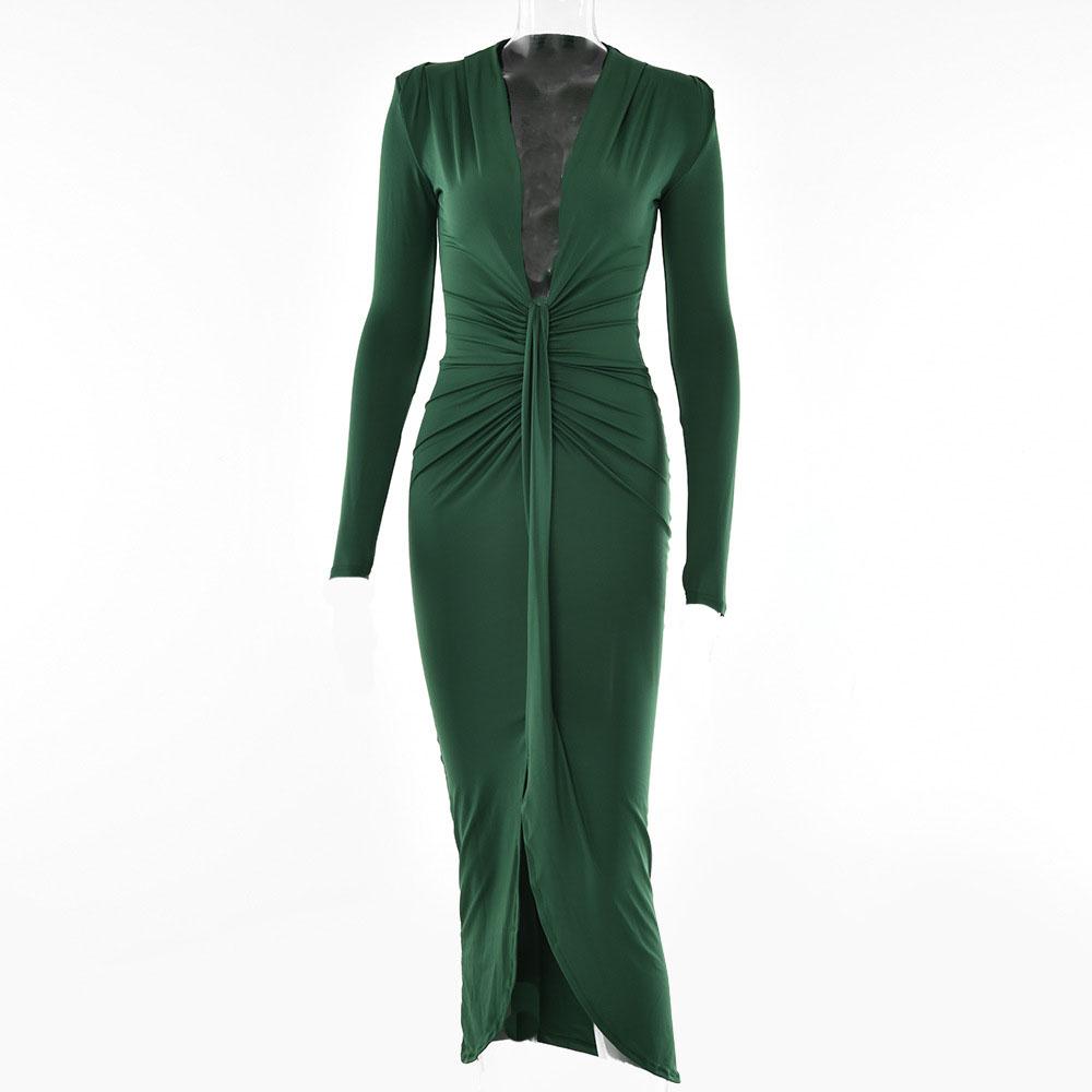 Long sleeve v neck solid ruched slit midi dress