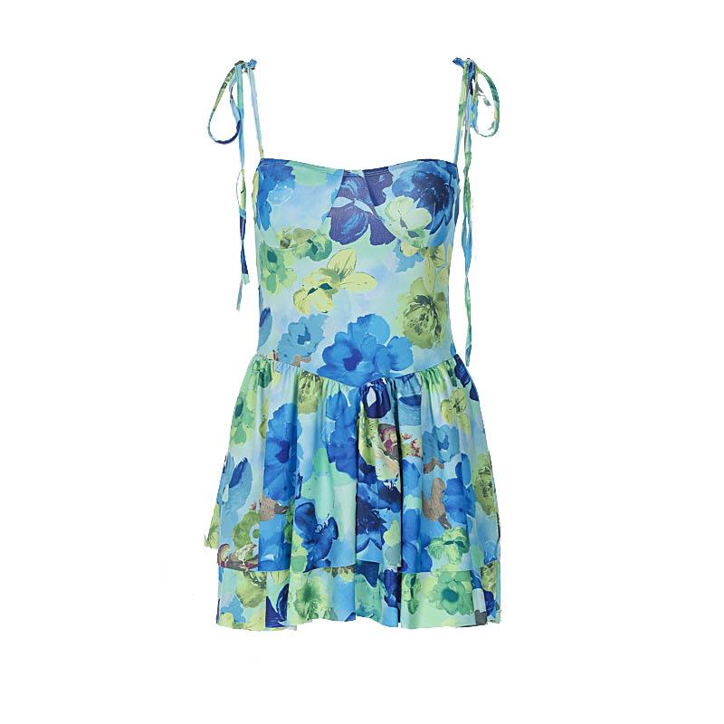 Flower print self tie square neck contrast ruffle mini dress