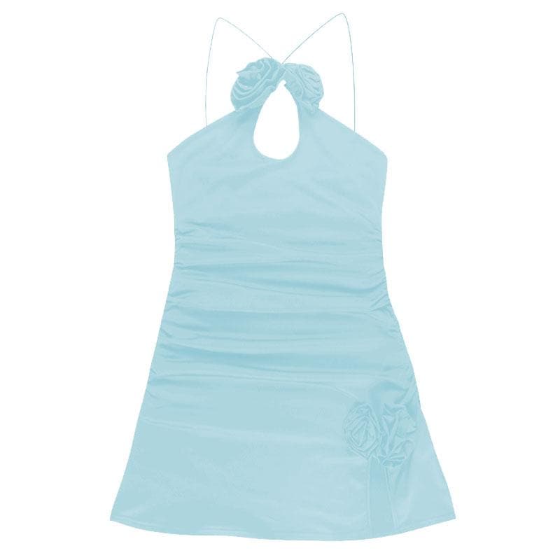 Ruched flower applique hollow out backless slit mini dress