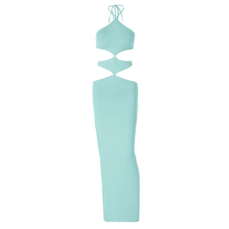 Halter self tie hollow out backless slit maxi dress