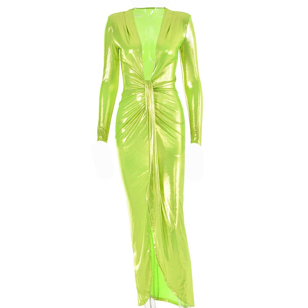 Ruched textured long sleeve v neck knotted maxi dress