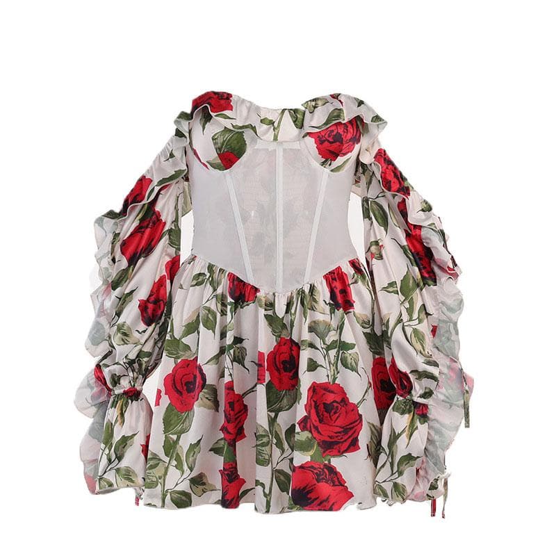 Off shoulder contrast long sleeve flower pattern backless mini dress