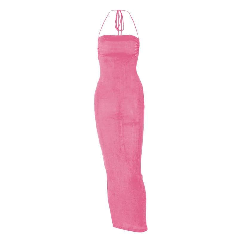 PRE ORDER - Halter ruched backless lace up solid self tie maxi dress
