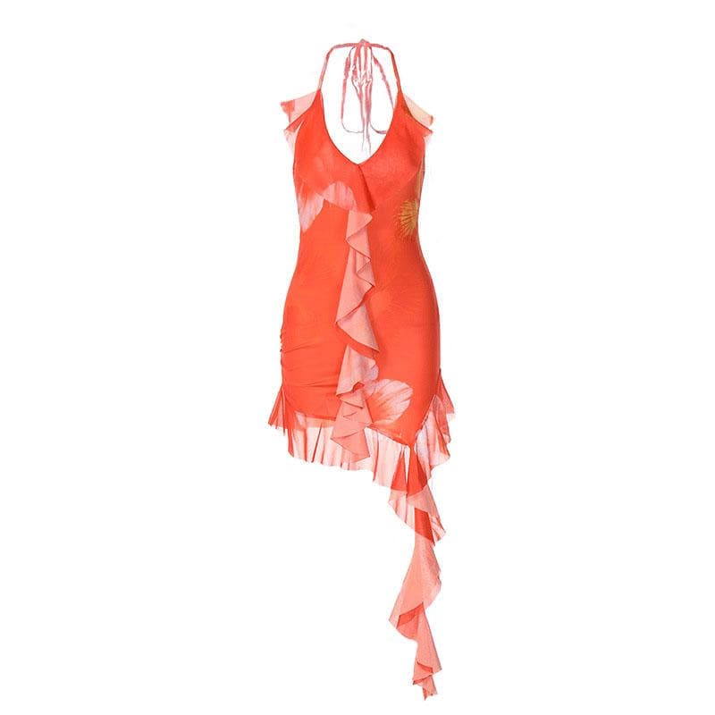 Halter v neck ruffle backless ribbon contrast self tie mini dress