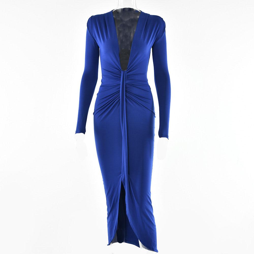 Long sleeve v neck solid ruched slit midi dress