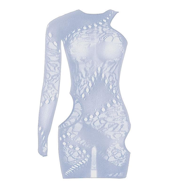 Fishnet irregular long sleeve hollow out see through mini dress