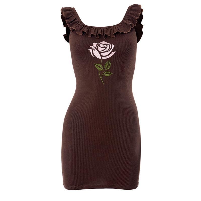 Ribbed cap sleeve flower embroidery ruffle mini dress