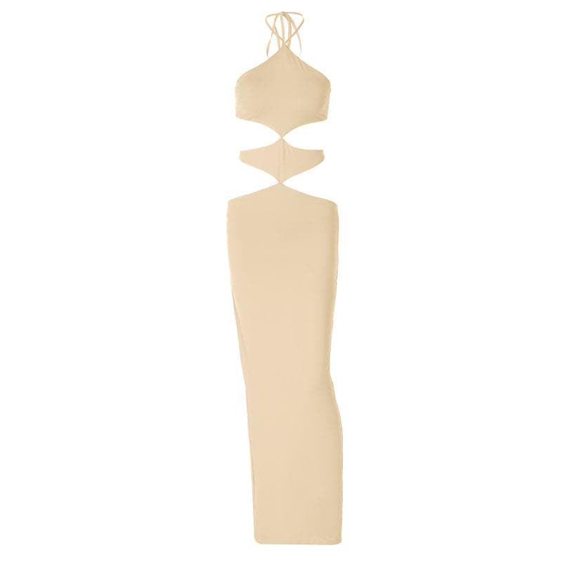Halter self tie hollow out backless slit maxi dress