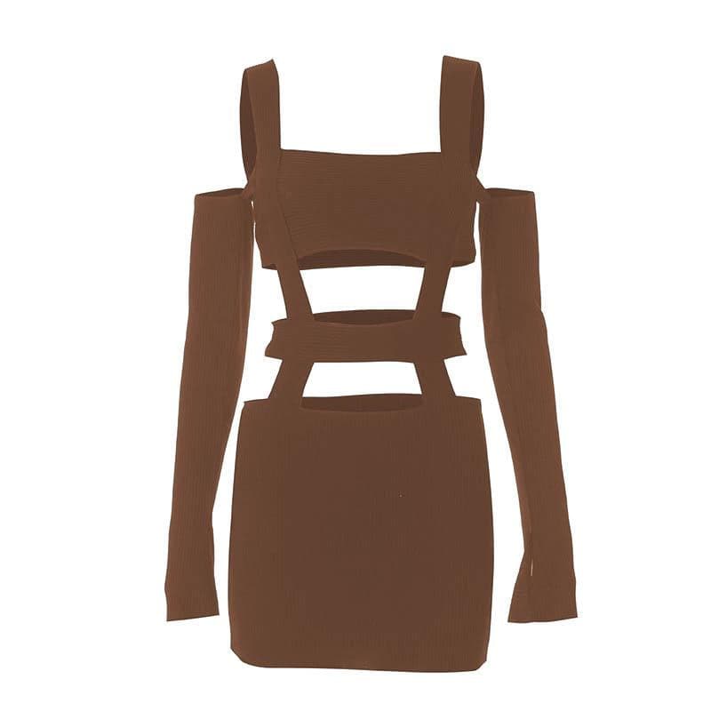 Solid hollow out off shoulder long sleeve backless mini dress