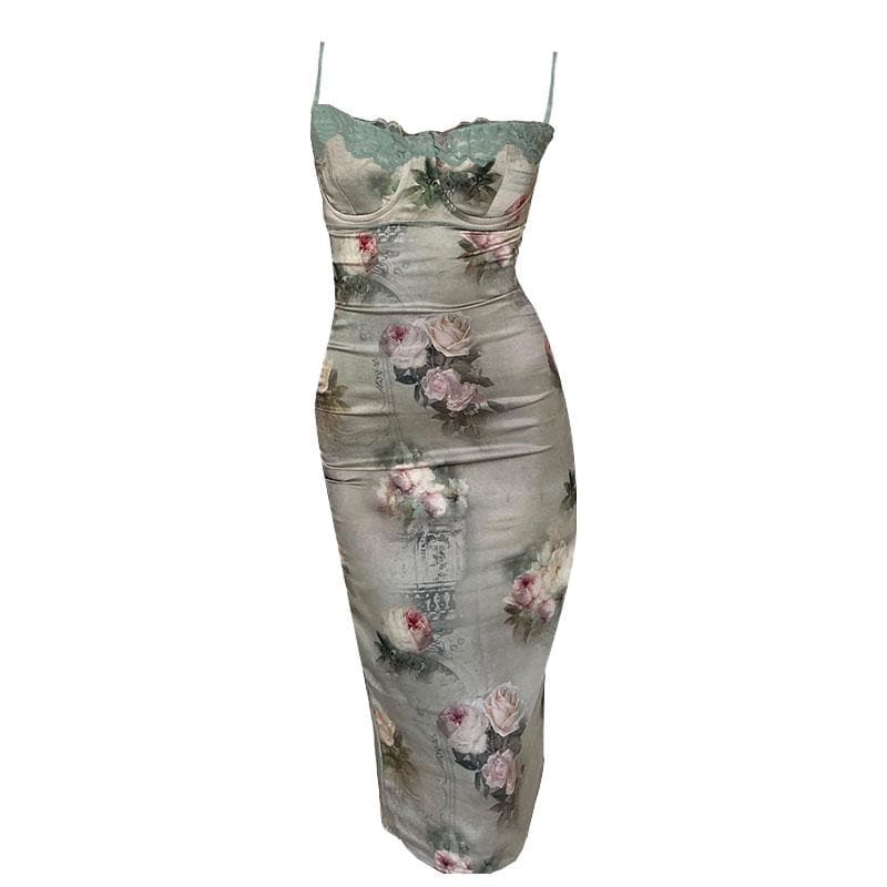 Flower print contrast backless lace hem zip-up midi dress