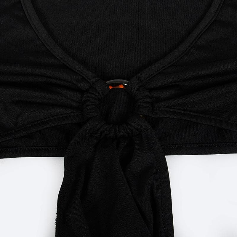 Solid o ring long sleeve v neck hollow out maxi dress