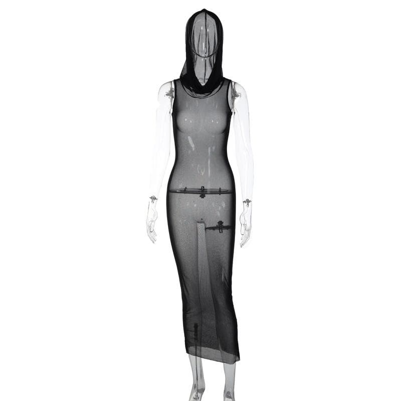 PRE ORDER - Sheer mesh see through hoodie sleeveless maxi dress