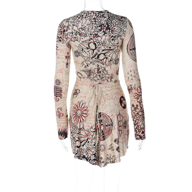 Long sleeve crewneck print drawstring ruched mini dress