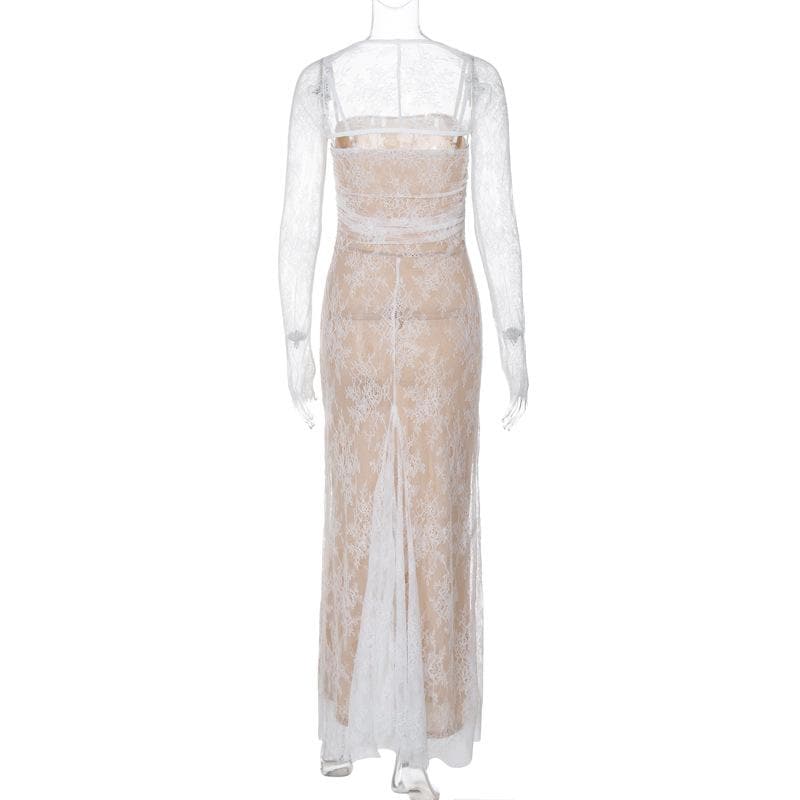 Long sleeve lace zip-up ruched shrug cami maxi dress