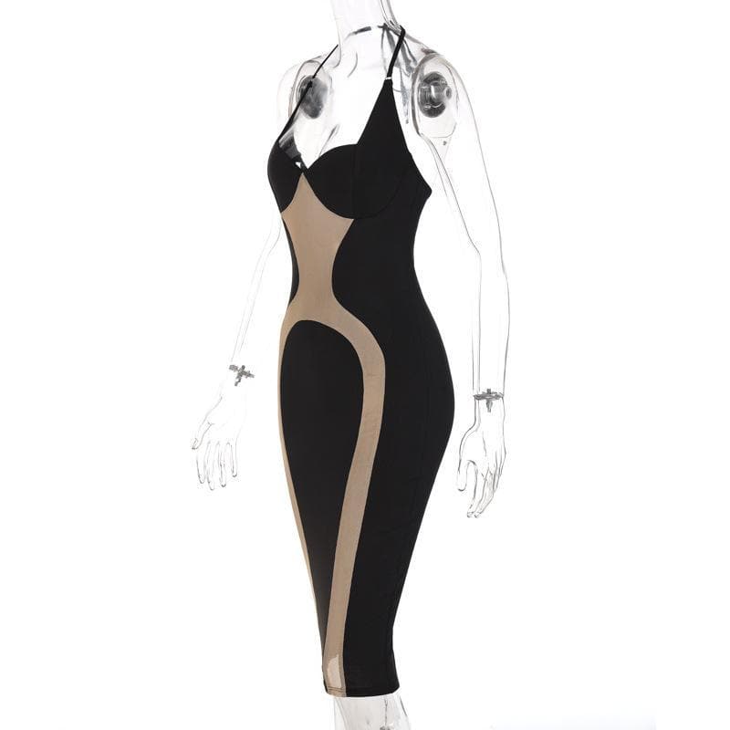 Mesh see through hollow out halter midi dress