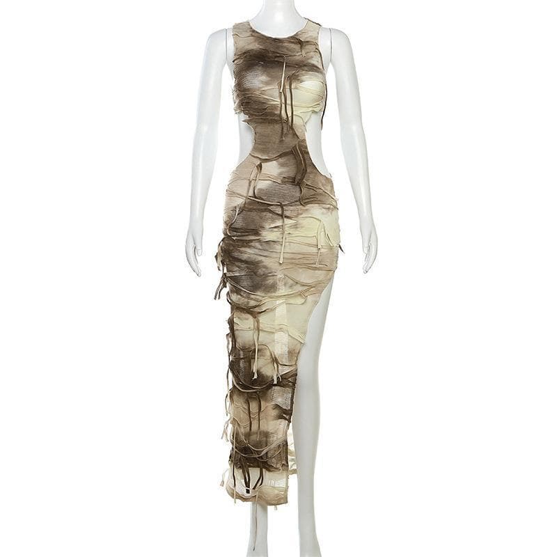 Sleeveless textured tie dye hollow out irregular slit maxi dress