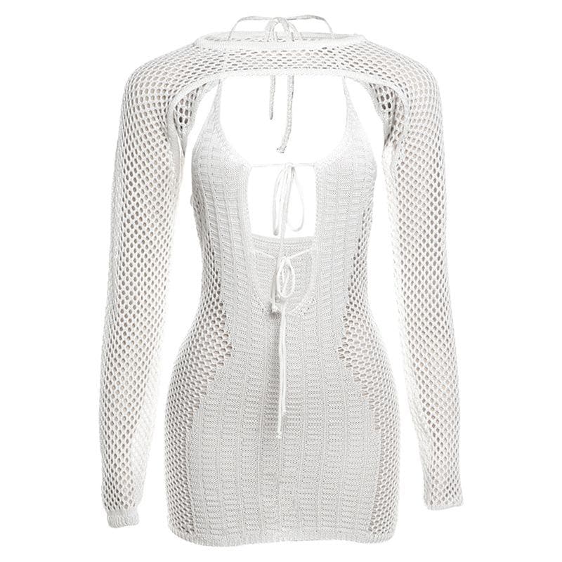Fishnet hollow out solid long sleeve backless shrug mini dress