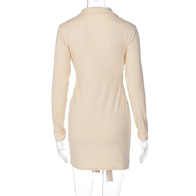 Long sleeve deep v neck turnover collar mini dress