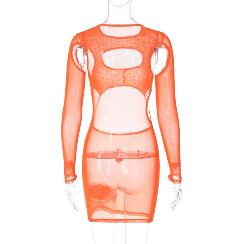 Long sleeve hollow out sheer mesh see through mini dress