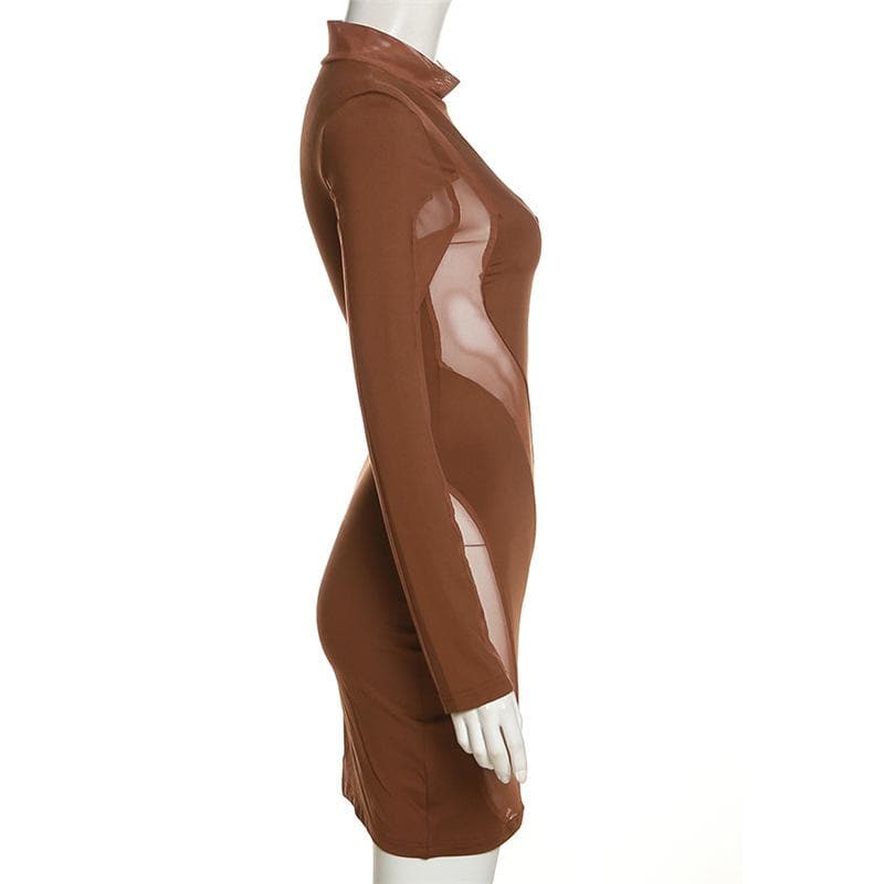 Long sleeve irregular high neck solid mesh mini dress