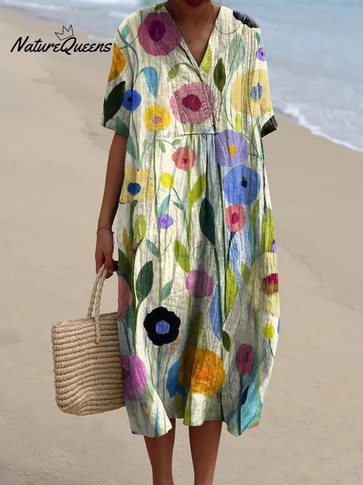 V-Neck Short Sleeve Watercolor Floral Print Shift Midi Dress