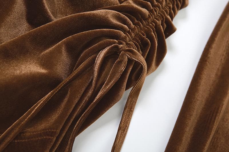 Feather long sleeve velvet ruched drawstring solid mini dress