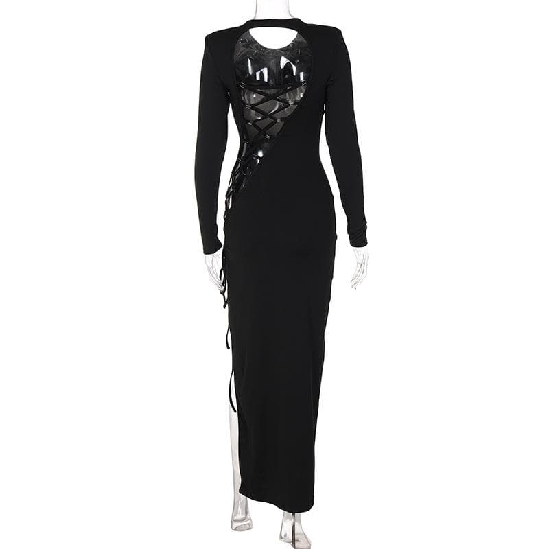 Lace up irregular long sleeve hollow out backless maxi dress
