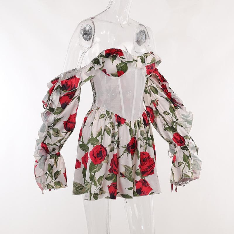 Off shoulder contrast long sleeve flower pattern backless mini dress