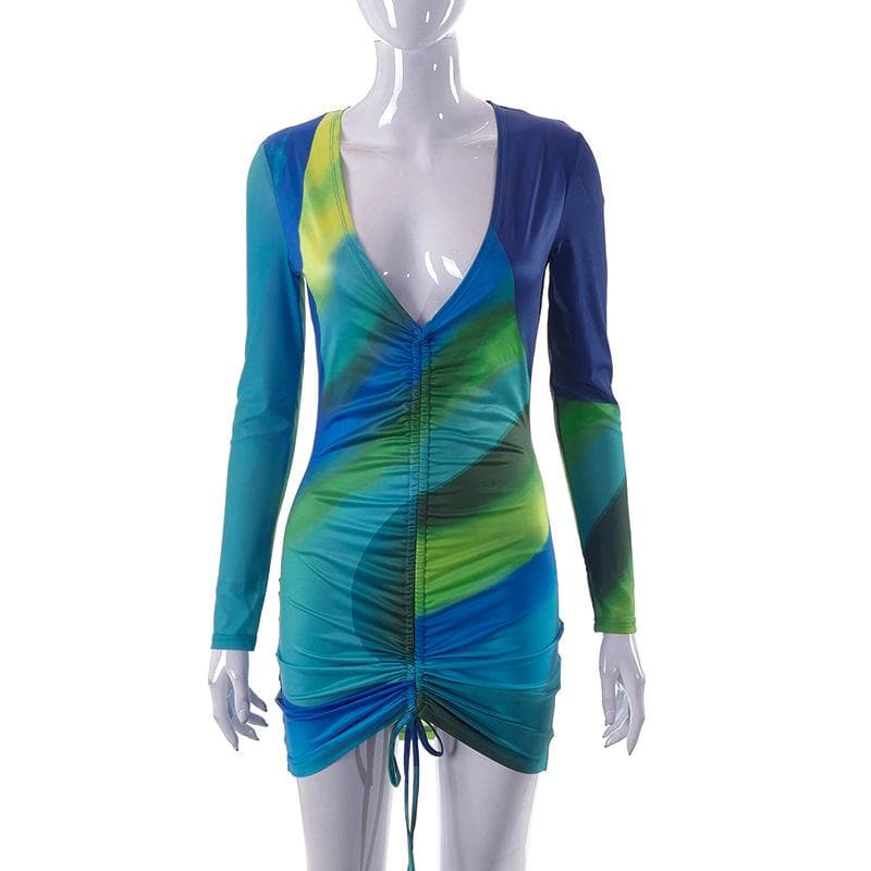 Contrast print drawstring long sleeve v neck ruched mini dress