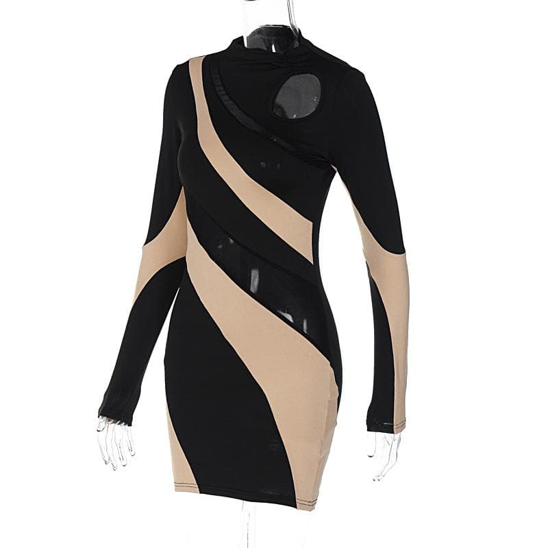 Long sleeve mesh contrast patchwork hollow out mini dress