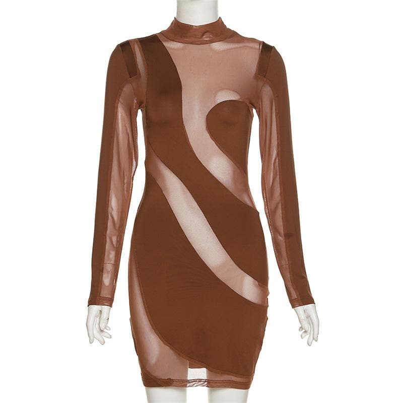Long sleeve irregular high neck solid mesh mini dress