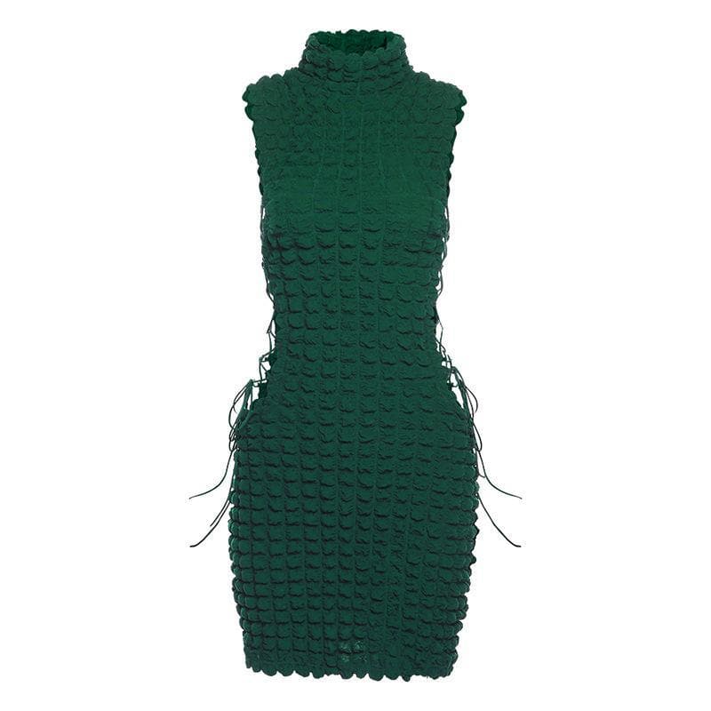 Sleeveless high neck lace up side mini dress