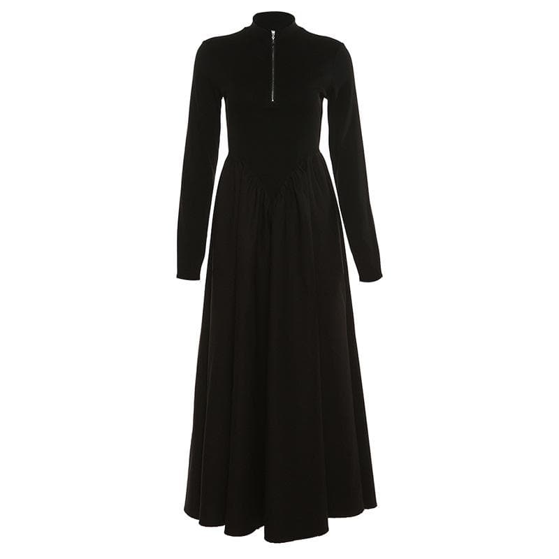 Solid long sleeve zip-up ruffle midi dress