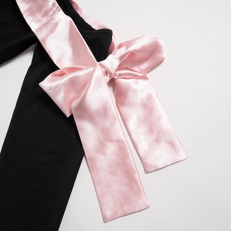Bowknot contrast gloves long sleeve 3-way off shoulder mini dress