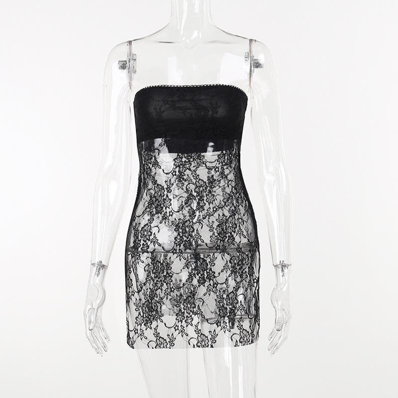 Lace see through solid slit backless tube dress - Final Sale