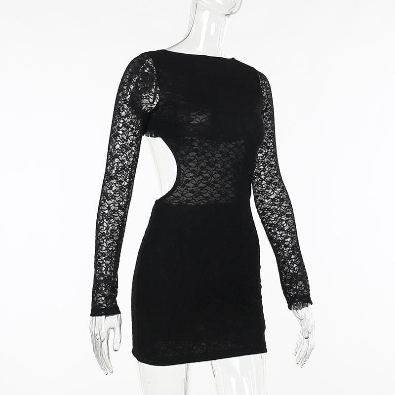 Lace solid long sleeve backless hollow out self tie mini dress